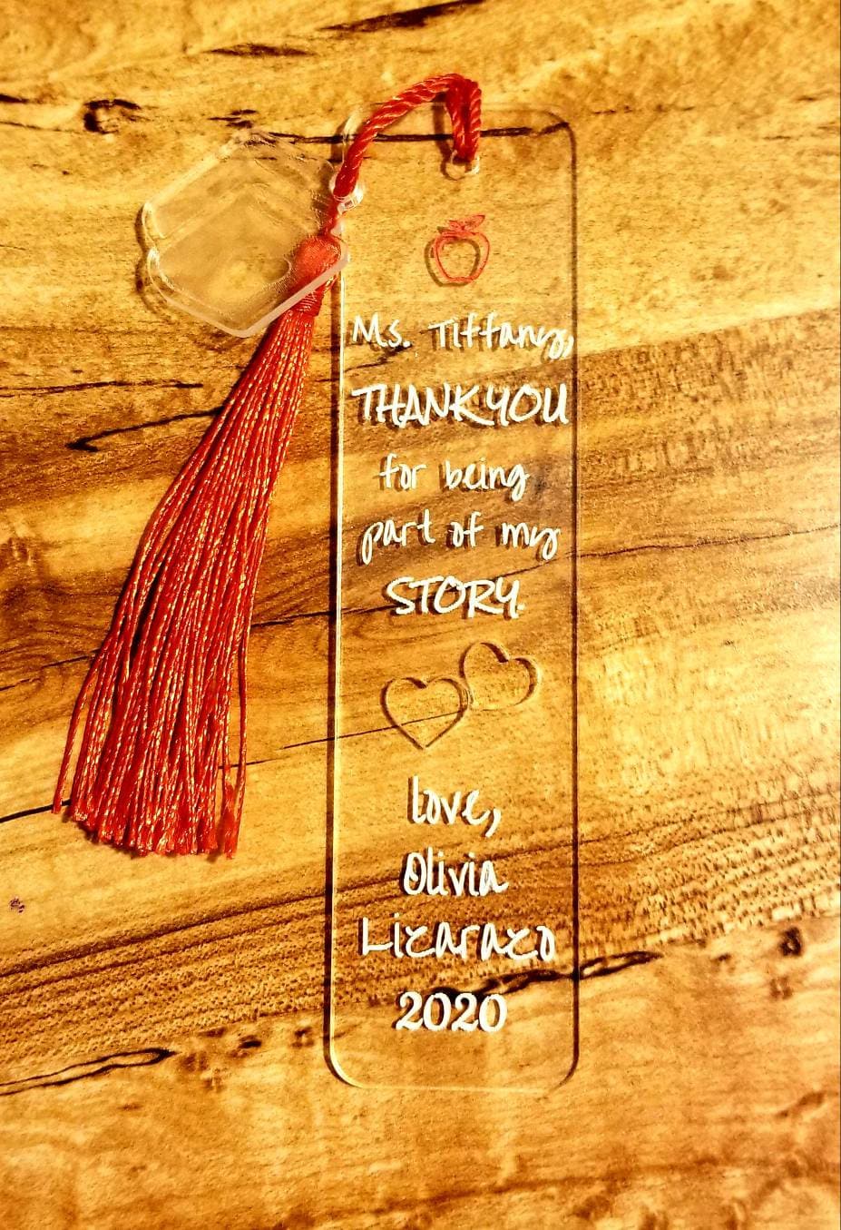 Teacher Appreciation Gift Personalized Thank You Wooden Engraved Bookmark with charm, gift boxed ready to give