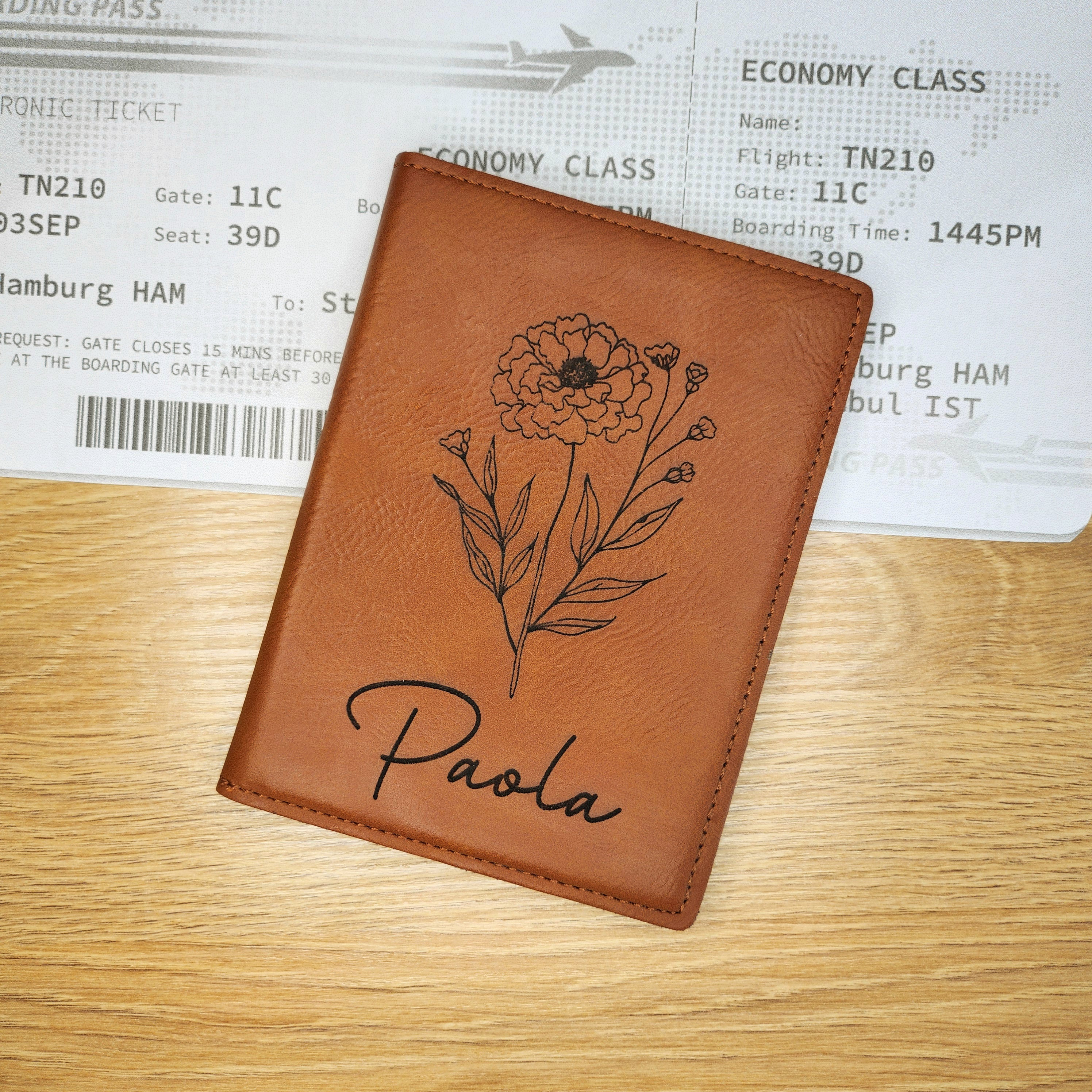 Wildflower Birth Month Leather Personalized Name Passport Holder, Passport Cover, Engraved, Personalized Gift