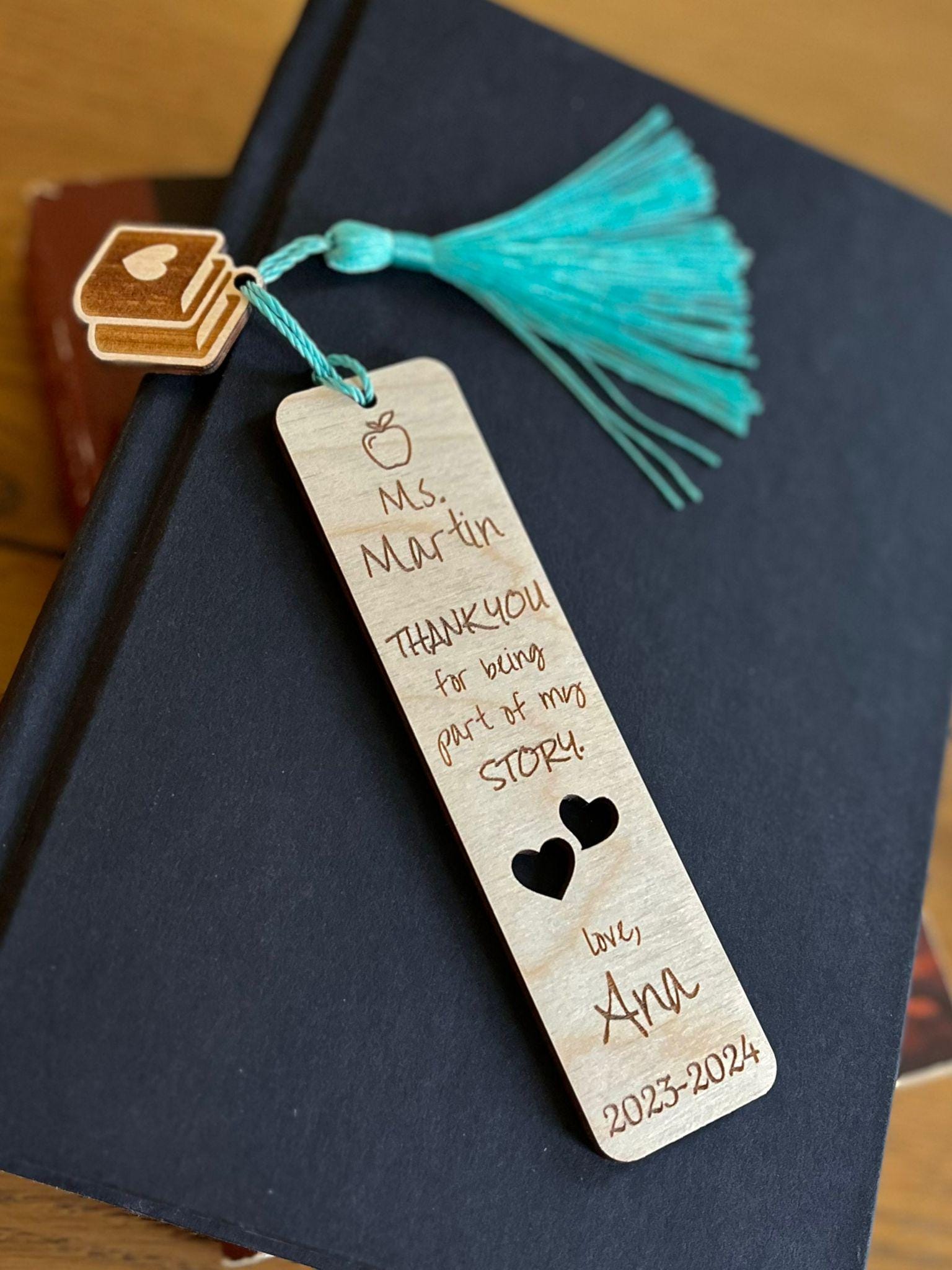 Teacher Appreciation Gift Personalized Thank You Wooden Engraved Bookmark with charm, gift boxed ready to give