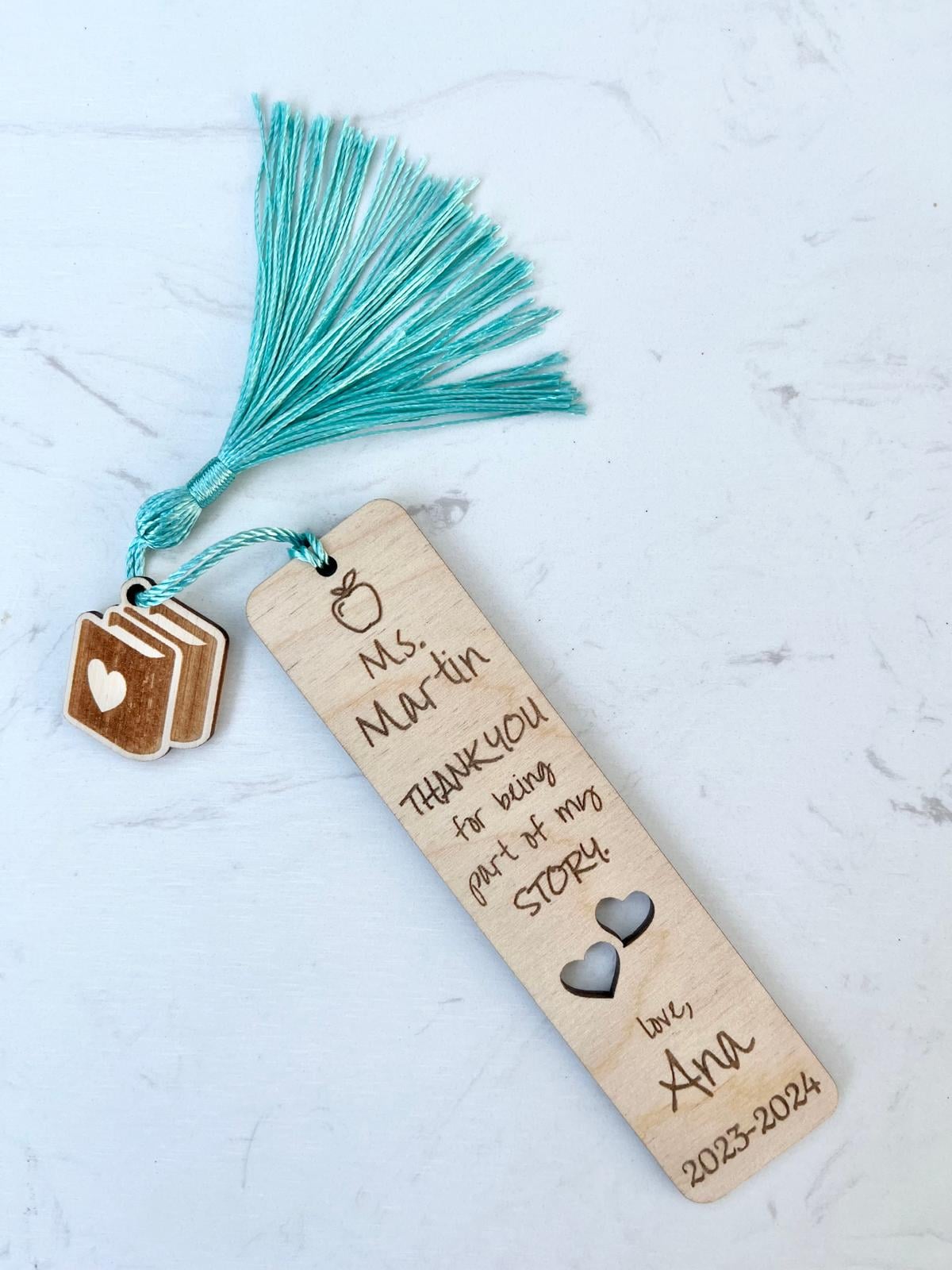 Teacher Appreciation Gift Personalized Thank You Wooden Engraved Bookmark with charm, gift boxed ready to give