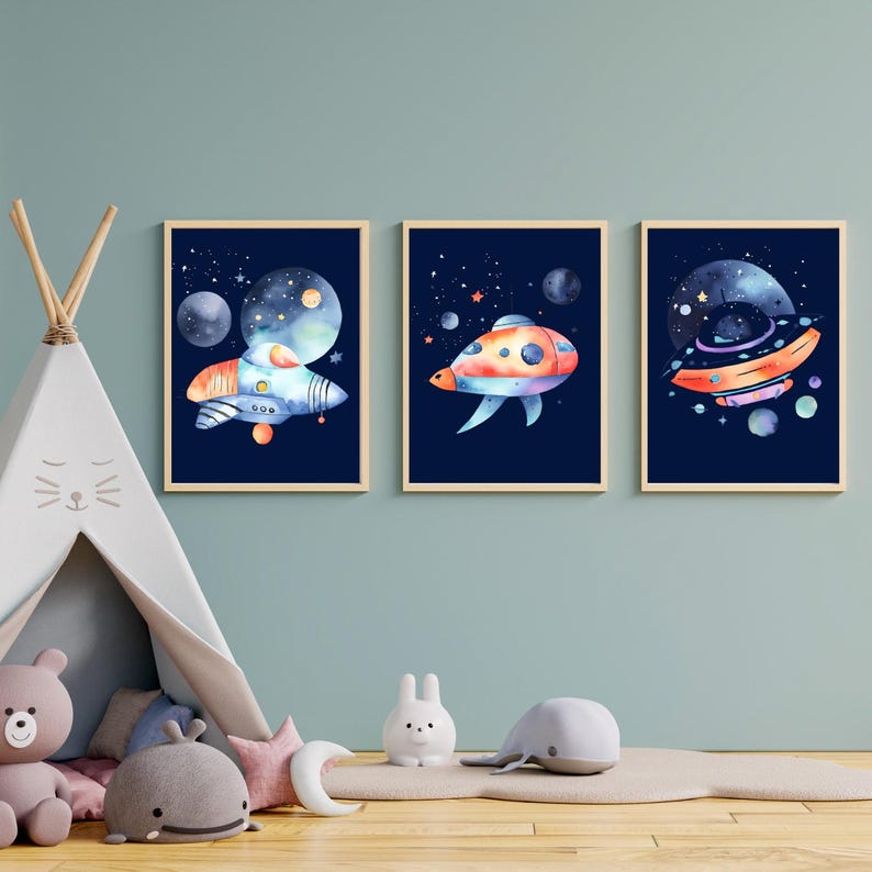 Set of 4 Watercolor Outer Space Rocket Ship Printable Wall Art ...