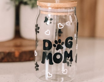 Dog Mom Glass Can, 16oz Glass Can, Dog Mom Gift, Dog Mom Cup, Iced Coffee Glass, Cold Color Changing Glass Can, Dog Mom with Small Hearts