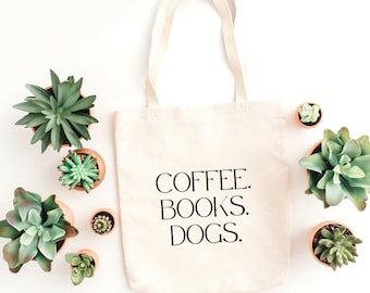 KOFFIE. BOEKEN. HONDEN. Tote tas, shopper tas, hond minnaar cadeau, esthetische tas, cadeaus voor hondenliefhebbers, herbruikbare tas