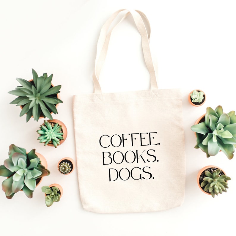 COFFEE. BOOKS. DOGS. Tote Bag, Shopper Bag, Dog Lover Gift, Aesthetic Bag, Gifts For Dog Lovers, Reusable Bag image 1