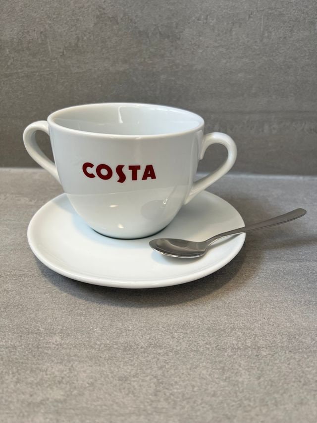 Costa Coffee Large Cup Mug Two Handled With Saucer and Spoon