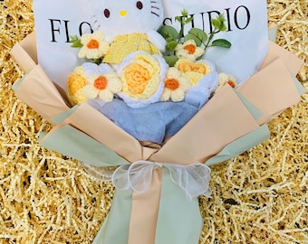 Plush and crochet spring flower bouquet arrangement birthday gift kitty cat  child anniversary girlfriend daughter graduation