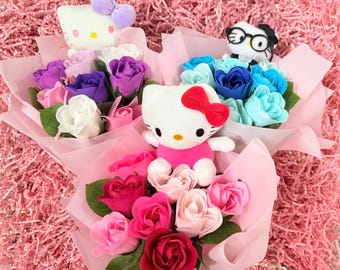 Plush and soap flower bouquet arrangement birthday gift kitty cat child anniversary girlfriend daughter graduation mothers day mom gift rose