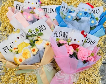 Plush and crochet flower bouquet arrangement birthday gift kitty cat child anniversary girlfriend daughter gift graduation valentines day