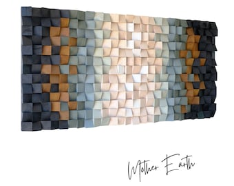Handmade Pine Wood Wall Art – Geometric Wood Mosaic, Home Decor