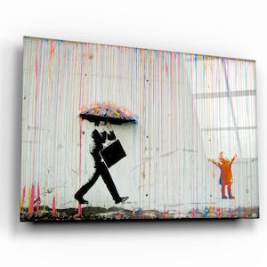 Banksy - Umbrella Man - Rainbow Rain - Glass Printing Wall Art - Graffiti - Home Decor - Office Decor - Tempered Glass Wall Art - Gift