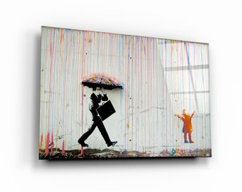 Banksy - Umbrella Man - Rainbow Rain -tempered Glass Wall