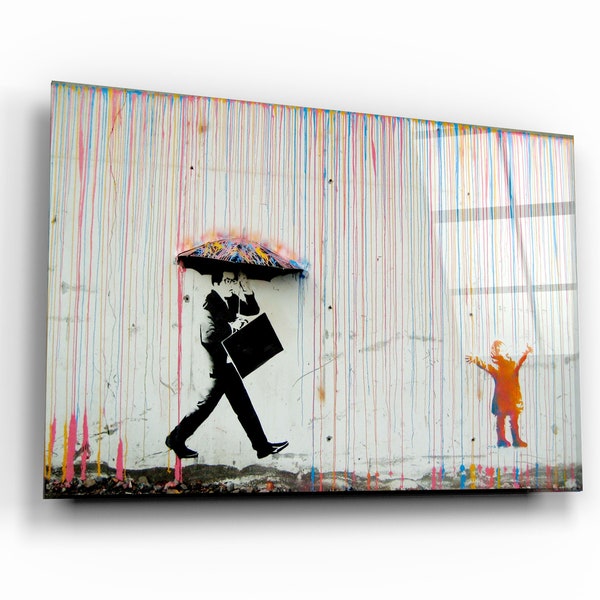 Banksy - homme parapluie - pluie arc-en-ciel - art mural impression sur verre - graffiti - décoration d'intérieur - décoration de bureau - art mural en verre trempé - cadeau