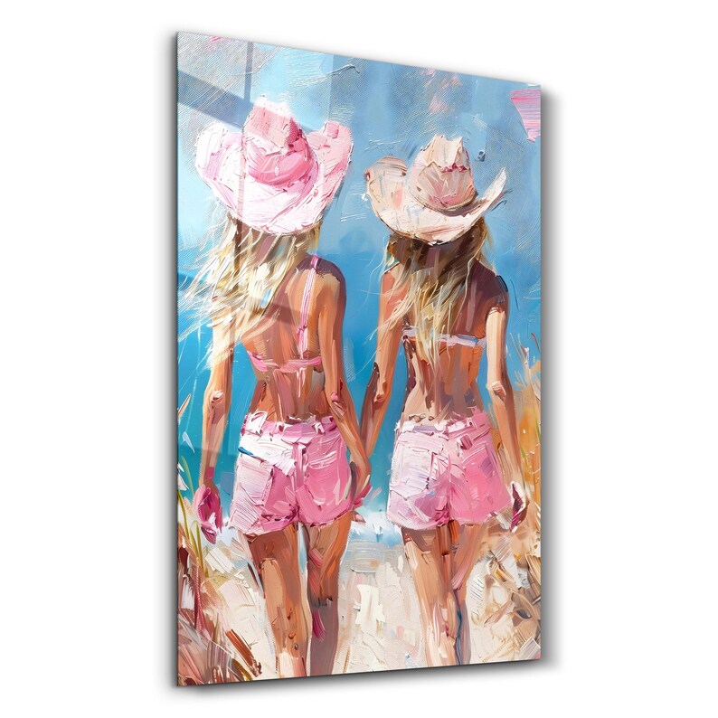 Pink Cow Girls Tempered Glass Printing Wall Art Home Decoration House