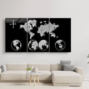 Mappa del mondo nera - Stampa su vetro di grandi dimensioni per grandi pareti - Decorazione per la casa - Regalo di inaugurazione della casa - Design d'interni - Arazzi
