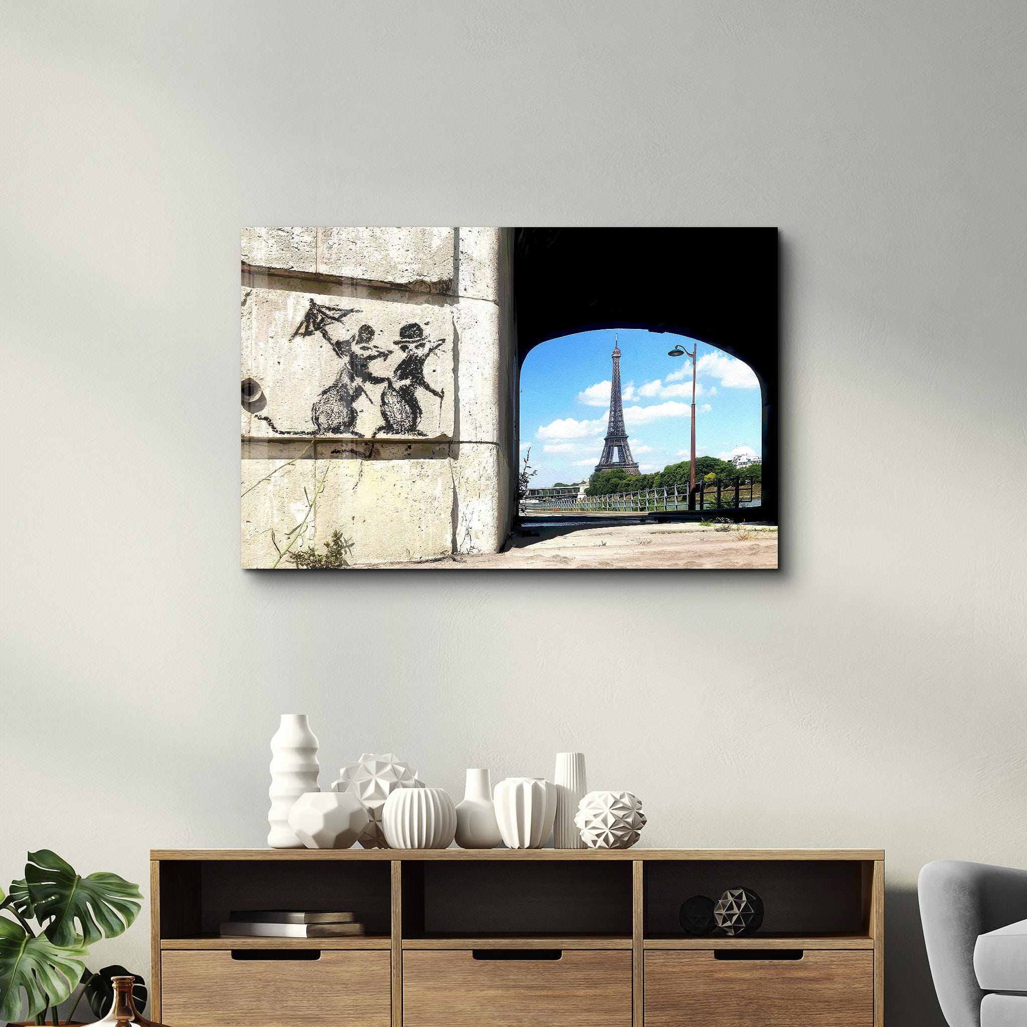 パリのバンクシーの強化ガラス壁アート：グラフィティネズミと