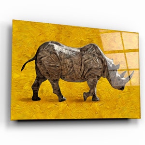 Arte de pared de vidrio templado amarillo rinoceronte - Decoración del hogar - Decoración de pared - Escultura de pared - Diseño de interiores - Regalo de cumpleaños - Colgante de pared