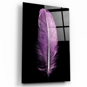Arte mural de vidrio templado con plumas moradas - Decoración del hogar - Escultura de pared - Diseño de interiores - Regalo de cumpleaños - Decoración de oficina