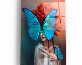 Blue Butterfly Wings Tempered Glass Wall Art: Modern Home Decor