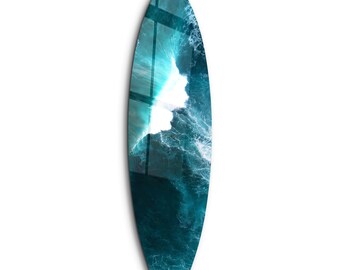 Surfboard Tempered Glass Wall Art: Ocean Wave Coastal Decor