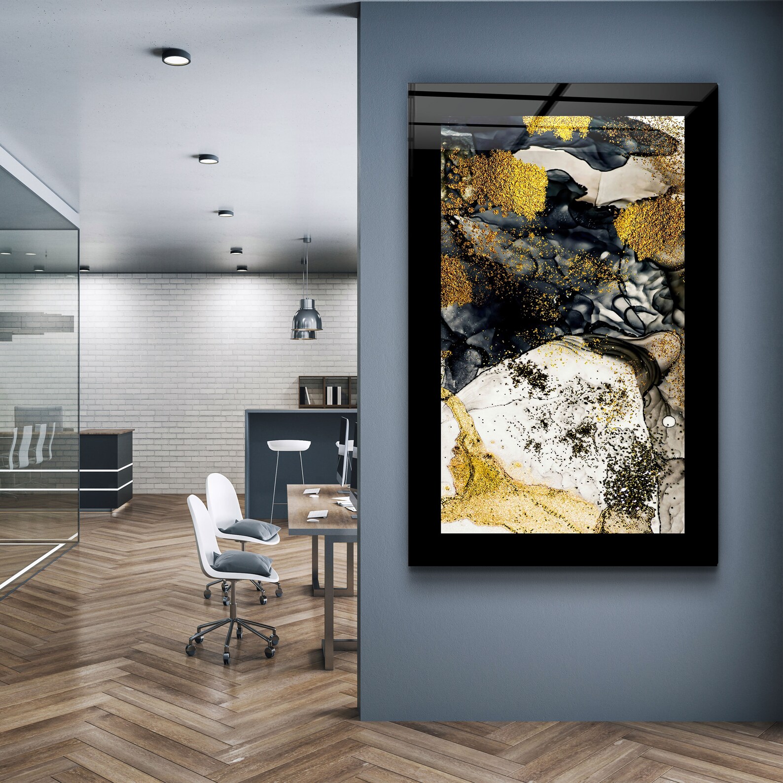 Black Bordered Golden Abstract Glass Printing Wall Art Glass Etsy