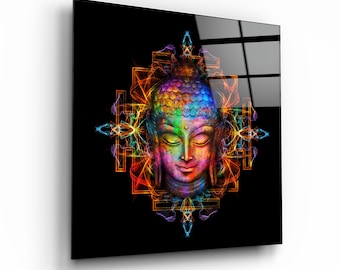 Arte de pared de vidrio templado con arcoíris de Buda - Decoración del hogar - Decoración de pared - Escultura de pared - Diseño de interiores - Regalo de cumpleaños - Yoga - Señor Buda