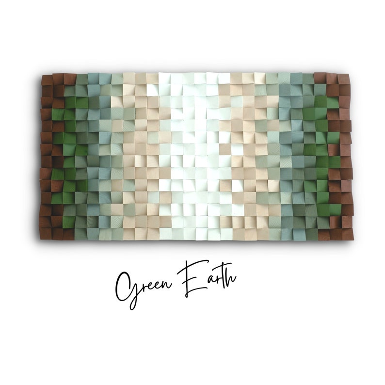 May include: A wall art piece made of squares of wood in shades of brown, green, blue, and white. The squares are arranged in a gradient pattern, with the darkest brown squares on the left and the lightest white squares in the center. The piece is titled "Green Earth".