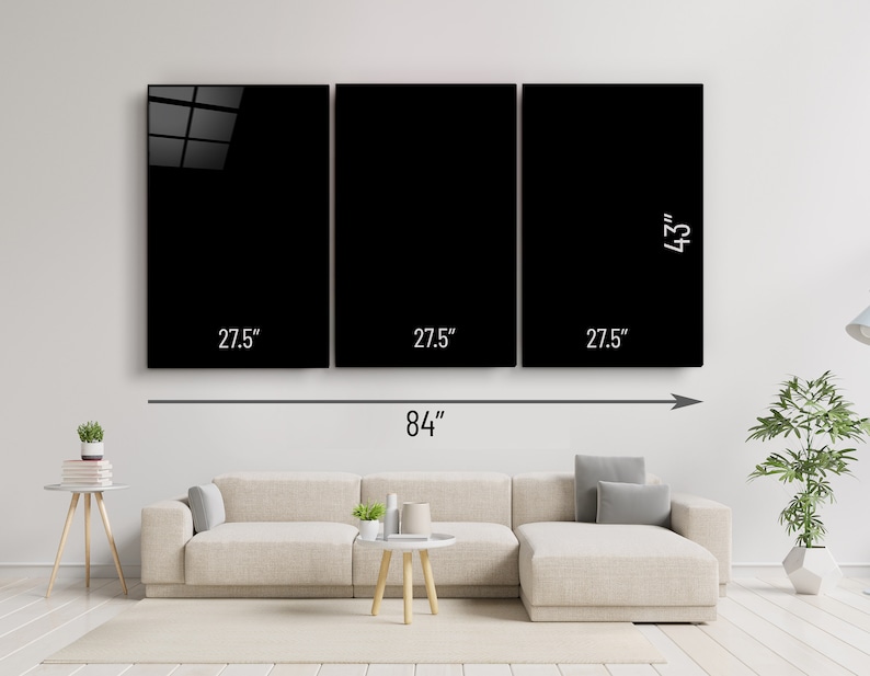 May include: A three-panel black and white canvas wall art set measuring 84 inches wide and 43 inches high. The set is displayed on a white wall above a beige sofa.