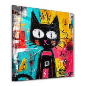 The Crowned Feline: Abstract Graffiti Cat - Tempered Glass Wall Art - Limited Edition - Pop Art - Street Art - Office Decor - Home Decor