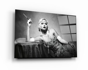 1920s Flapper Tempered Glass Wall Art: Art Deco Home Decor