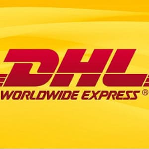 May include: A yellow background with a red DHL logo and the text "WORLDWIDE EXPRESS" in red.