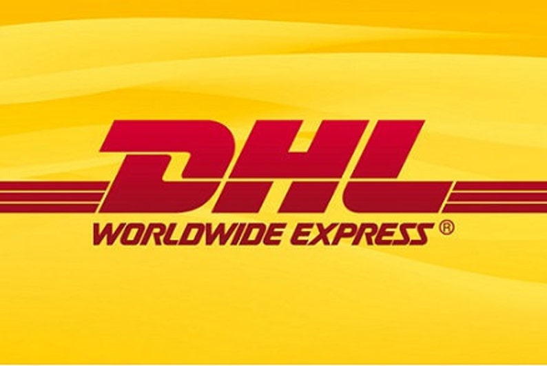May include: A yellow background with a red DHL logo and the text "WORLDWIDE EXPRESS" in red.