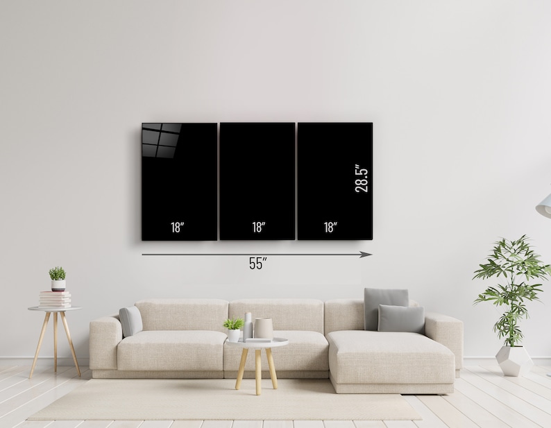 May include: Three black framed wall art pieces, each measuring 45.7 cm wide by 72.4 cm tall, arranged horizontally on a white wall. The frames are 139.7 cm wide in total.