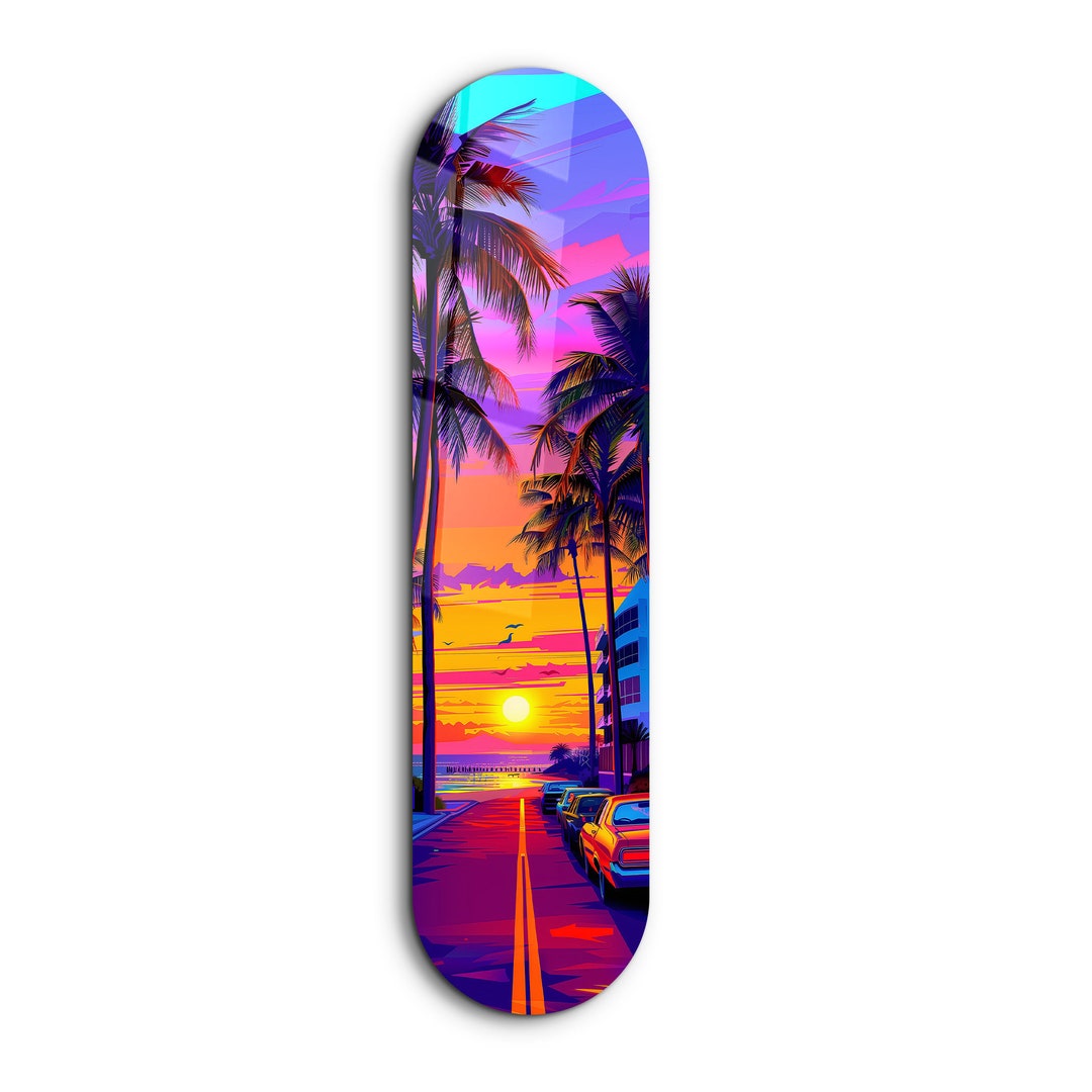 Miami Sunset Skateboard Shape Tempered Glass Wall Art - Etsy