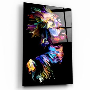 Cuadro abstracto de figura humana en vidrio templado para pared: colores vivos, decoración moderna para el hogar.