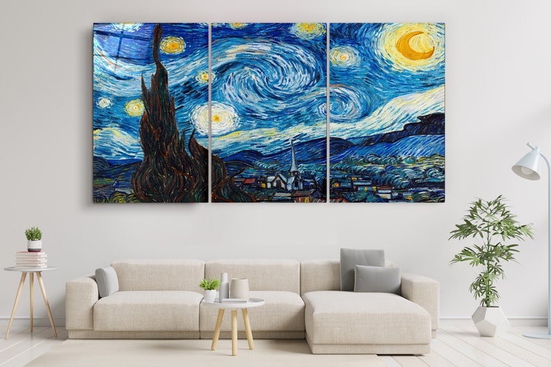 May include: A three-panel canvas print of Vincent van Gogh's "The Starry Night" painting. The print features a swirling blue sky with a bright yellow moon and stars, a dark cypress tree, and a small village in the distance.