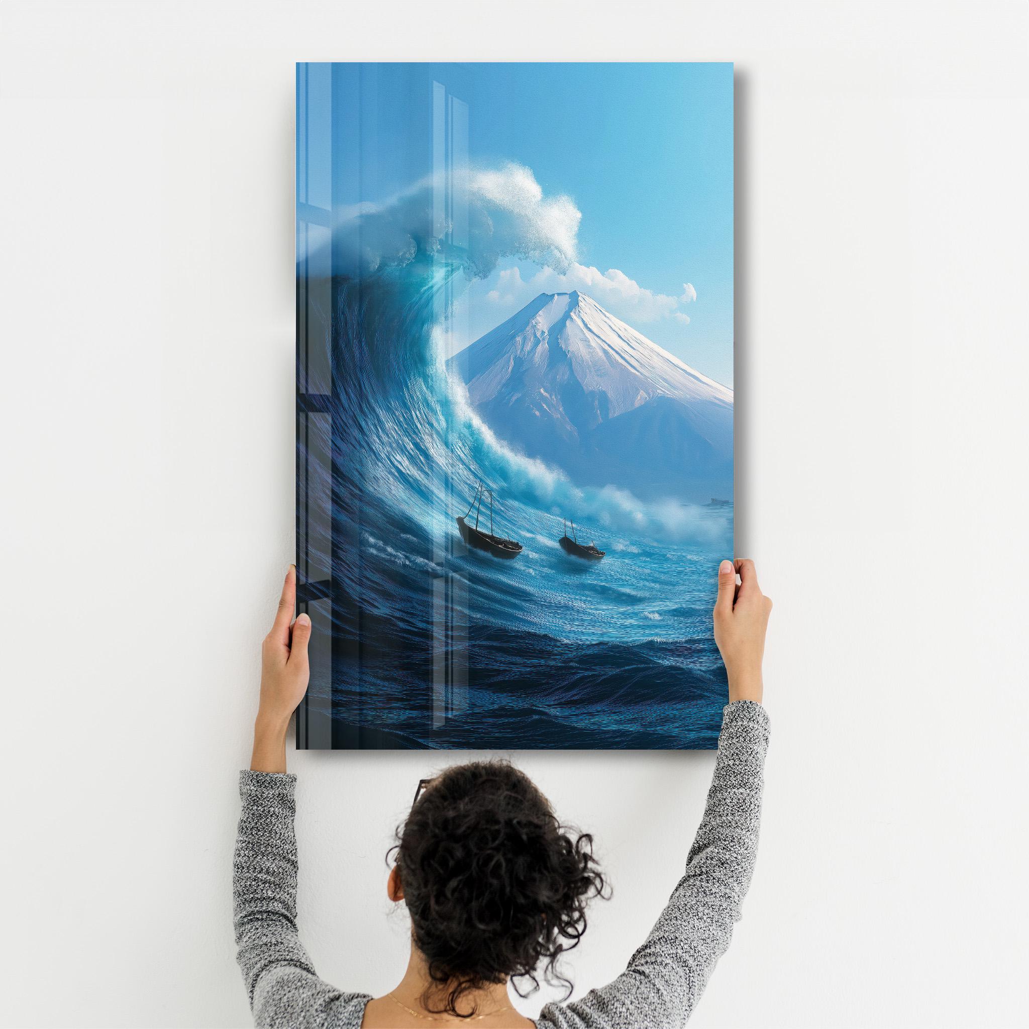 津波と富士山の強化ガラス製ウォールアート：抽象的な海と山の風景