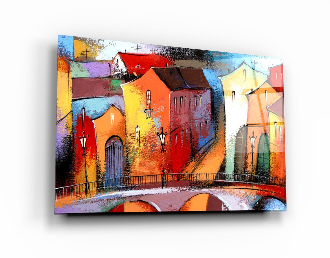 Abstract City Glass Printing Wall Art Glass Wall Art Home Etsy