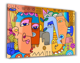 May include: Abstract art print featuring colorful, stylized faces and figures. The artwork uses a vibrant palette of orange, blue, yellow, and pink, with bold lines and geometric shapes. The composition includes floral and geometric patterns.
