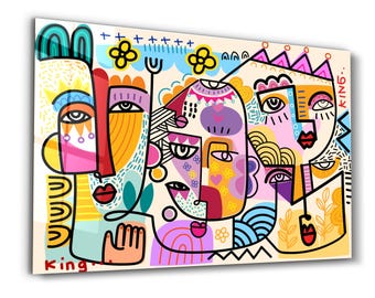 May include: Abstract art print featuring three stylized faces with bold lines and vibrant colors. The artwork includes the word "KING" and a crown, with a palette of pink, yellow, blue, and orange. The faces have exaggerated features and floral elements.