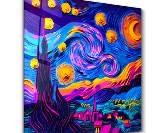 Neon Starry Night Glass Wall Art: Luminous Van Gogh Style
