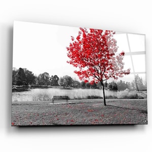 Arte de pared de vidrio templado de otoño rojo - Decoración del hogar - Decoración de pared - Escultura de pared - Diseño de interiores - Tapices de pared