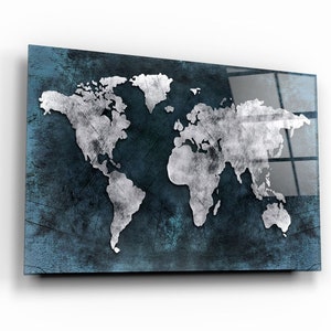 Weltkarte Blau Silber gehärtetes Glas Wand Kunst - Wohnkultur - Wand Dekor - Wand Skulptur - Inneneinrichtung - Geburtstags Geschenk - Wandbehang