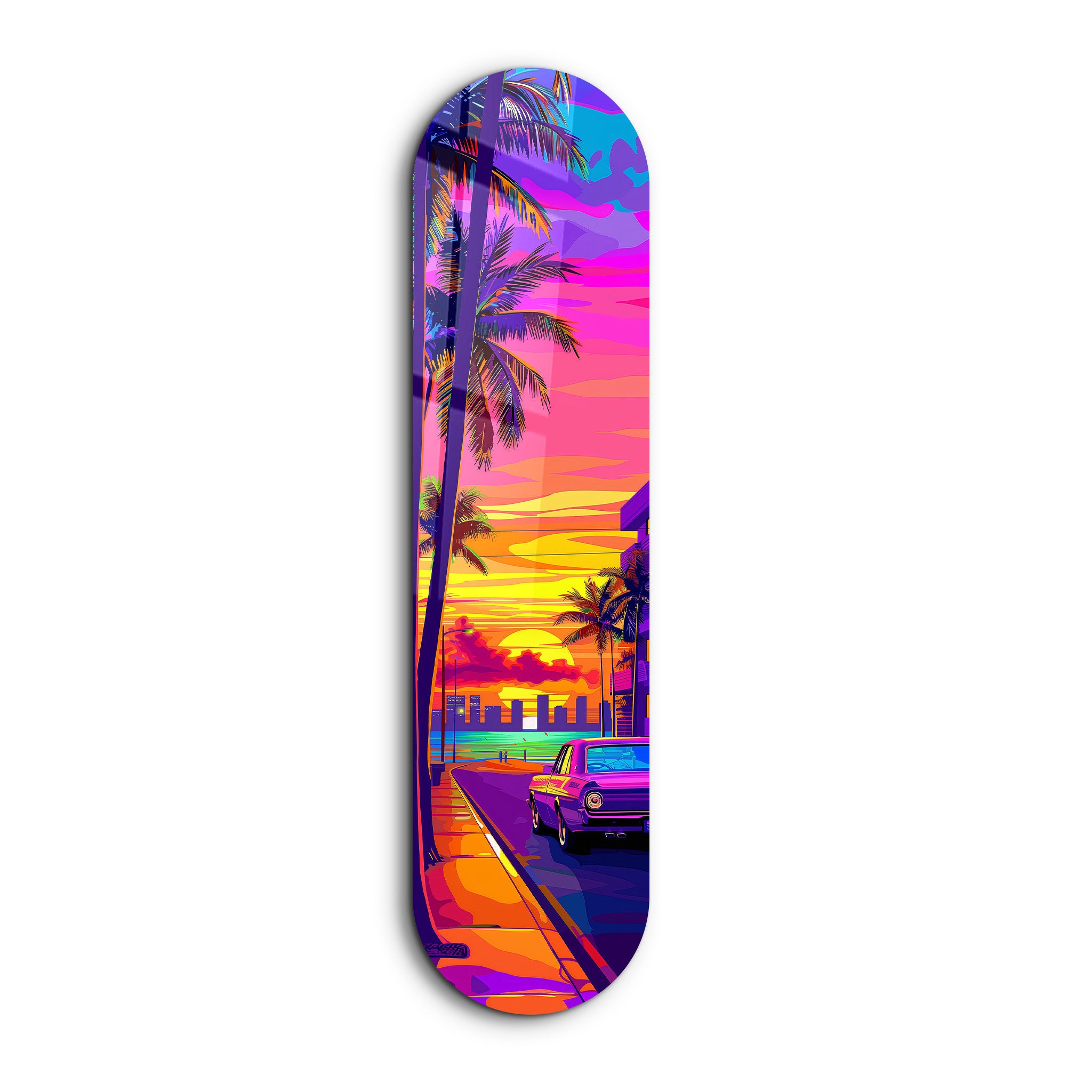 Miami Skateboard Shape Tempered Glass Wall Art: Vibrant Home Decor