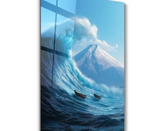 抽象的油彩画 人物と水面津波 津波と富士山の強化ガラス製ウォールアート：抽象的な海と山の風景