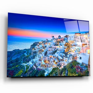 Santorini Greece Tempered Glass Wall Art: Coastal Landscape Home Decor