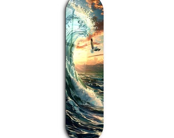 May include: A skateboard featuring a vibrant ocean scene. A large turquoise wave crests, with a seagull soaring in front of a sunset. The design includes shades of blue, orange, and yellow, creating a dynamic and artistic aesthetic.