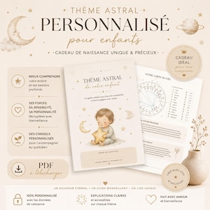Peut inclure: Un guide de thème astral personnalisé pour enfants aux tons beiges, illustré d'un bébé tenant une étoile, de lunes et de planètes. Le document contient du texte en français, une carte du ciel et des sections détaillant les données de naissance.