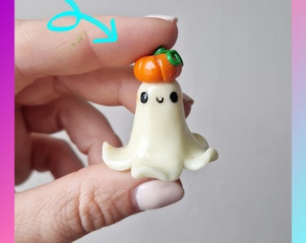 Polymer clay ghost, Halloween pumpkin decor, kawaii desk friend, glow in the dark handmade figurine