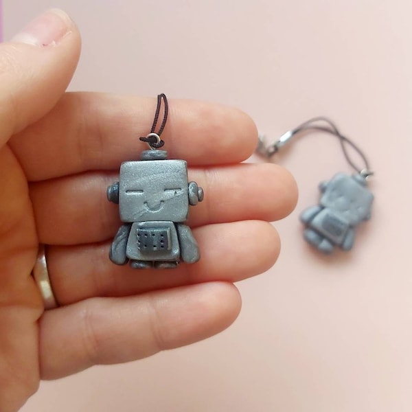 Polymer clay charms, silver robot charm, cute kawaii accessories, metallic zip pull,  unusual stocking fillers, handmade keyring