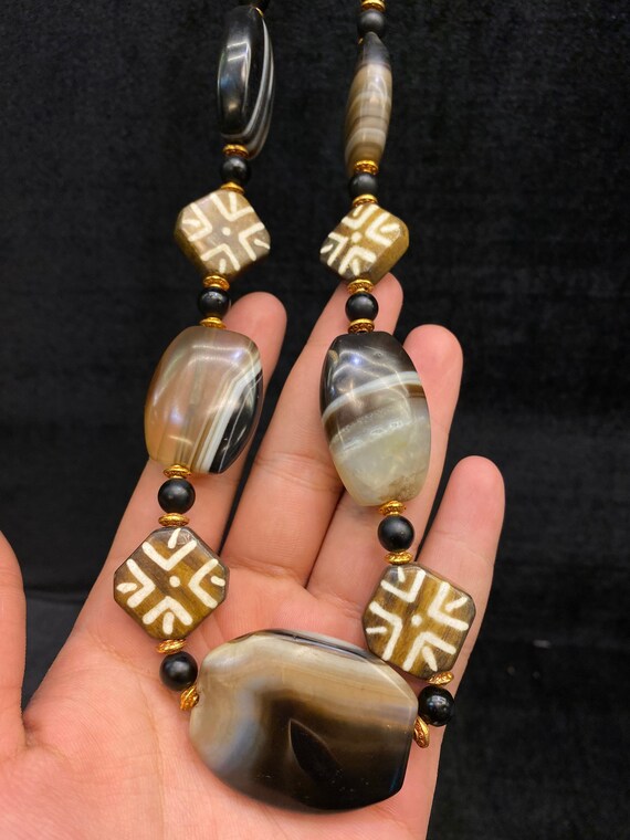 Pyu Agate Pumtek Necklace, Gold Plated Brass, Old… - image 3